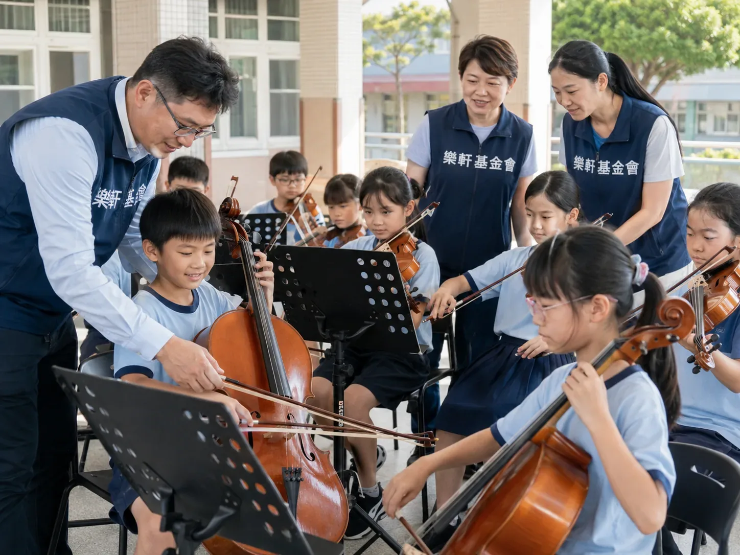孩子在教室中練習小提琴的真實音樂教育情境照片