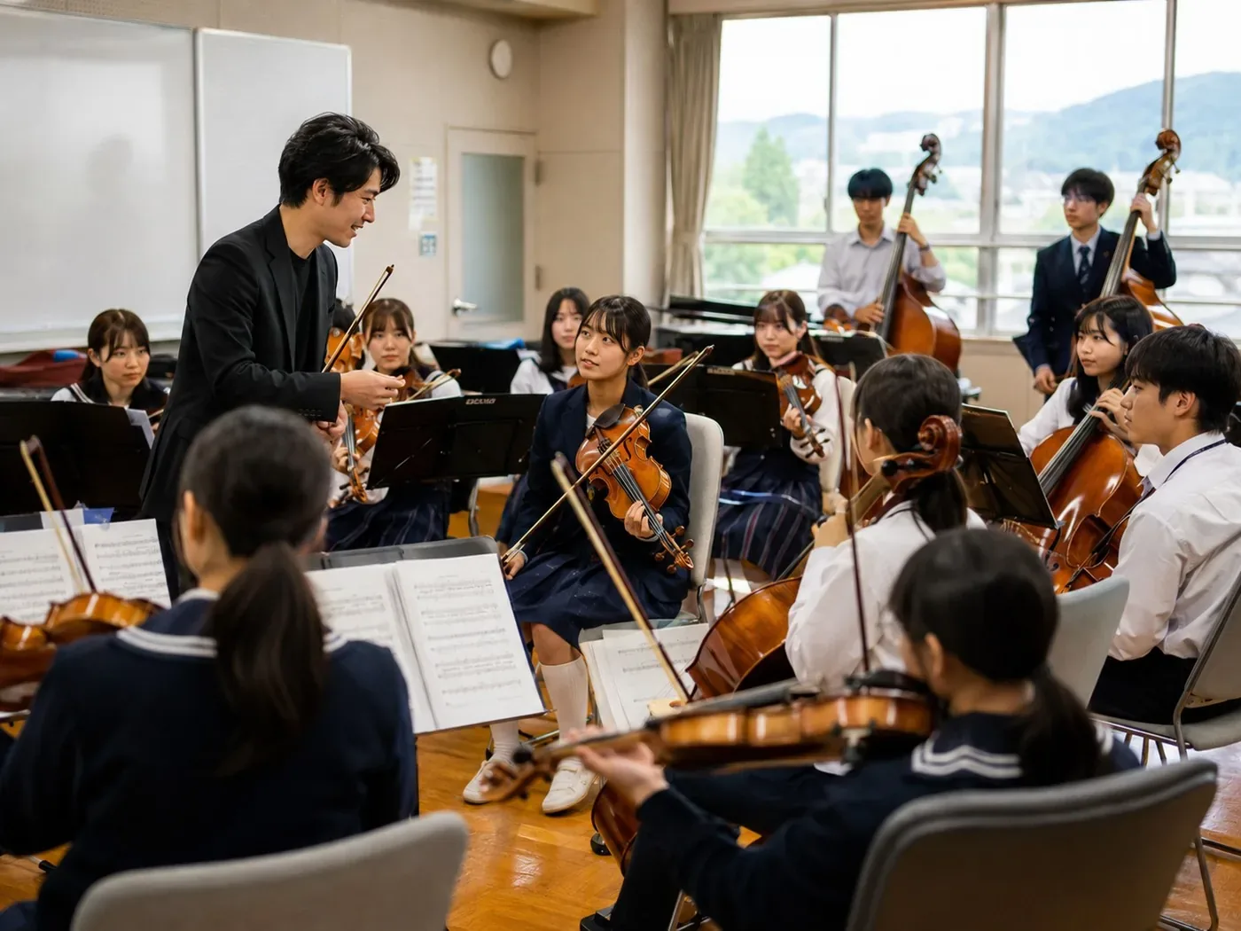 台日學生在校園中進行音樂交流與排練